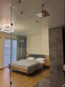 BrzezhanyЕдем的一间卧室设有一张床和玻璃墙