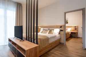 切尔尼杜尔Resort Aurum Residence A的一间卧室配有一张床、一台电视和一面镜子