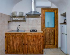 蒙塔尔巴诺Il Trulletto的厨房配有木制橱柜、水槽和冰箱。
