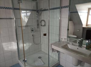 索梅拉Bocksbeutelherberge的带淋浴和盥洗盆的浴室