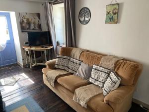 Oradour-sur-VayresTardoire cottage的客厅配有棕色沙发及枕头
