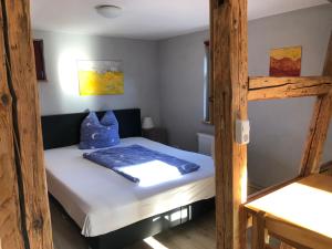 PlaueCafé Landart im Thüringer Finistère的一间卧室配有带蓝色枕头的双层床