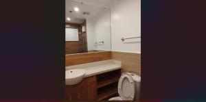 达沃市Cozy Suite Studio type condo in Matina Enclaves的一间带卫生间、水槽和镜子的浴室