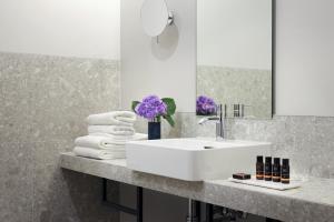 柏林Classik Hotel Alexander Plaza的浴室配有盥洗盆、镜子和毛巾
