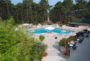 卡尔康Résidence les Cavales的享有带椅子和遮阳伞的游泳池的上方景色