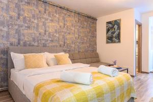 布拉索夫JAD - Luxury Studio - Soarelui 10的一间卧室配有一张床和一张沙发