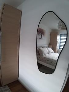 奇德尔休姆The Annexe Cheadle Hulme的镜子反射着卧室,卧室里配有一张床