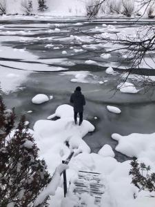 亚列姆切Yablunevyi Tsvit的雪中越过河的人