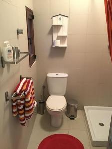 比尔基卡拉studio apartment with pool in house of character.的浴室设有白色卫生间和红色地毯。