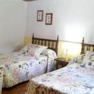 圣克鲁斯德拉塞罗斯Casa Rural Barangua en el Pirineo Aragonés的一间卧室配有两张床和一张带台灯的桌子