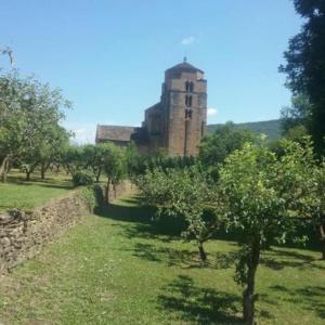 圣克鲁斯德拉塞罗斯Casa Rural Barangua en el Pirineo Aragonés的一座有塔的建筑,位于树木繁茂的田野