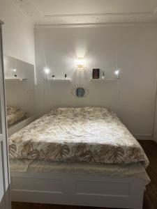 巴黎Nice Private Room in center的卧室配有一张墙壁上灯床。