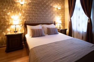 塔古玖Hotel Europa的一间卧室配有一张带两盏灯的床和一扇窗户。