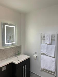 拉斯盖特保图姆Tall Pines Lodges的浴室配有盥洗盆、镜子和毛巾