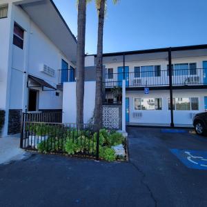 圣佩德罗Guest Harbor Inn- Port Of Los Angeles San Pedro的停车场两棵棕榈树的建筑