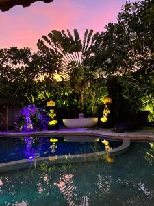 克罗柏坎Villa Bali Santai的一座带喷泉和一些植物的游泳池
