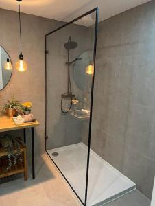里斯本Luxury Artistic Digital Nomad Getaway w/ Terrace的浴室里设有玻璃门淋浴
