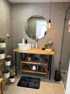 里斯本Luxury Artistic Digital Nomad Getaway w/ Terrace的一间带水槽和镜子的浴室