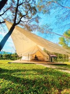 Klang DongThe Wild Khao Yai的公园里一个大白帐篷,有树
