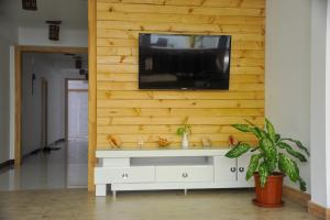 MaradhoofeydhooAsseyri Guest House的客厅设有木墙,配有电视。