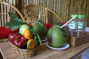 槟知Coco Island Cồn Phụng的一张桌子,上面装有水果篮和瓶装水