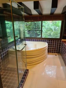 象岛Du-sila Hotel kohchang的带浴缸和玻璃淋浴间的浴室。