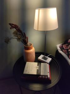 皮耶塔尔萨里Villa Astrid的一张桌子,上面有台灯,一本书和一个花瓶