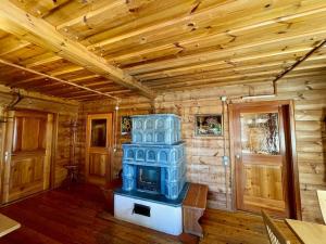 Axterhütte的一间木制客房内的蓝色炉灶
