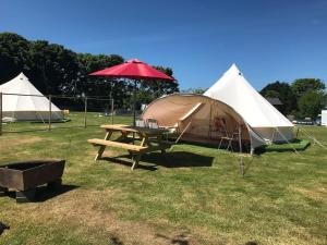特鲁罗Cox Hill Glamping Badger的帐篷和带红色雨伞的野餐桌