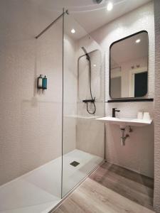 帕伦西亚唐罗德里戈酒店的带淋浴、盥洗盆和镜子的浴室