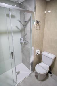 布尔戈斯Alda Puerto Seco的带淋浴、卫生间和玻璃淋浴间的浴室
