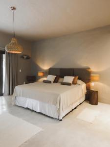 托兰克索CASA SUKHA Hotel的卧室配有一张带两个枕头的大白色床