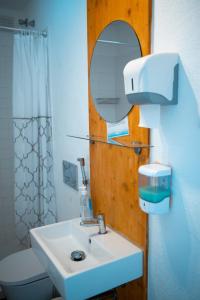 法鲁Wax Hostel的一间带水槽、镜子和卫生间的浴室