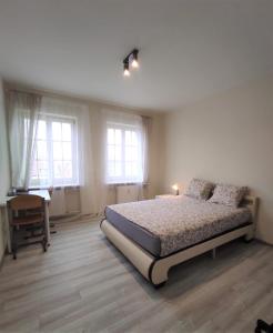 波兹南Rynek 9的卧室配有一张床、一张书桌和窗户。
