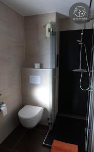 奥瓦伦纳茨Chalet LES MARMOTTES, Ovronnaz的浴室配有白色卫生间和淋浴。