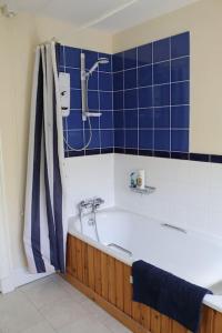 TurriffOldwood. Fyvie.的带浴缸、淋浴和蓝色瓷砖的浴室