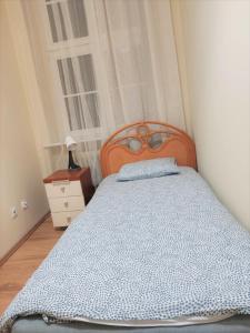 波兹南Rynek 7的一间卧室配有一张带蓝色棉被的床