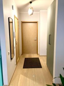 里加Apartment Upeņu的走廊上设有棕色的门和黑色地毯