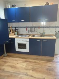 巴特索登-阿伦多夫Glori 's Fewo的厨房配有蓝色橱柜和水槽