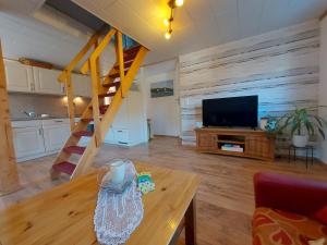 普特布斯锚与轮舒适度假公寓酒店的一间带电视和木墙的客厅