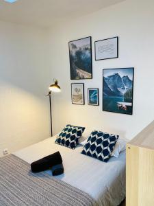 瓦朗斯Les studios de Morgane hyper centre的一间卧室配有一张带两个枕头的床,墙上挂有图片