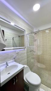 布卡拉曼加Street 55 Hotel的浴室配有卫生间、盥洗盆和淋浴。