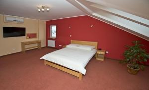 OsowiecU Hołosia的一间卧室设有一张床和红色的墙壁