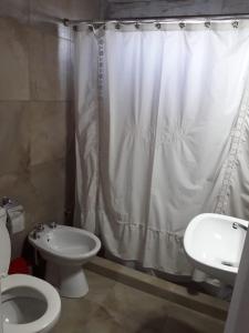 维多利亚Cabañas Atardecer en Victoria的浴室设有卫生间、水槽和淋浴帘