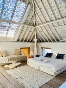 安特卫普Loft O - River View的带窗户的天花板客房的两张床