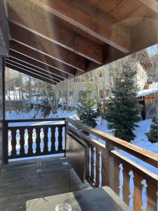 梅杰夫N5 Megève - Résidence de L'ours - appart 4 pers的阳台拥有木栏杆和雪覆盖的树木。