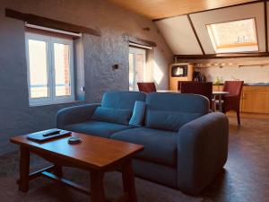瑟穆瓦河畔夫雷斯Appart Hotel Au Pied de Vigne的客厅配有蓝色的沙发和桌子