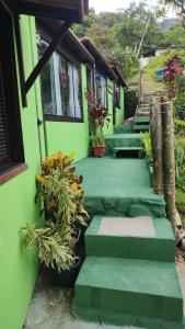 安格拉杜斯雷斯Chalés da Jack的绿色房子,有楼梯和盆栽植物