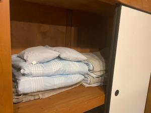 HikiSeagull voyage - Vacation STAY 43030v的房间里的毯子和枕头堆