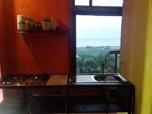 洛佩斯港Maremonti Vacation Rental的一间带炉灶的厨房 窗边的顶部烤箱